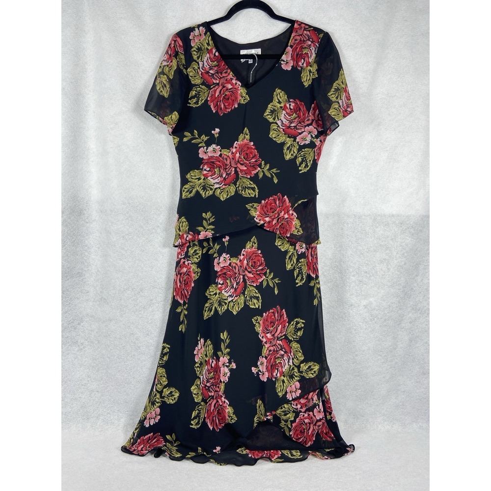 Studio 1 ‎ 2PC Skirt Set Women's 8 Black Red Floral Long Skirt Y2K Fairy Chiffon